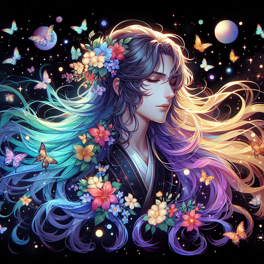 Un primer plano de retrato (mitad superior) de un hombre joven con una expresión de serena meditación. Su largo cabello