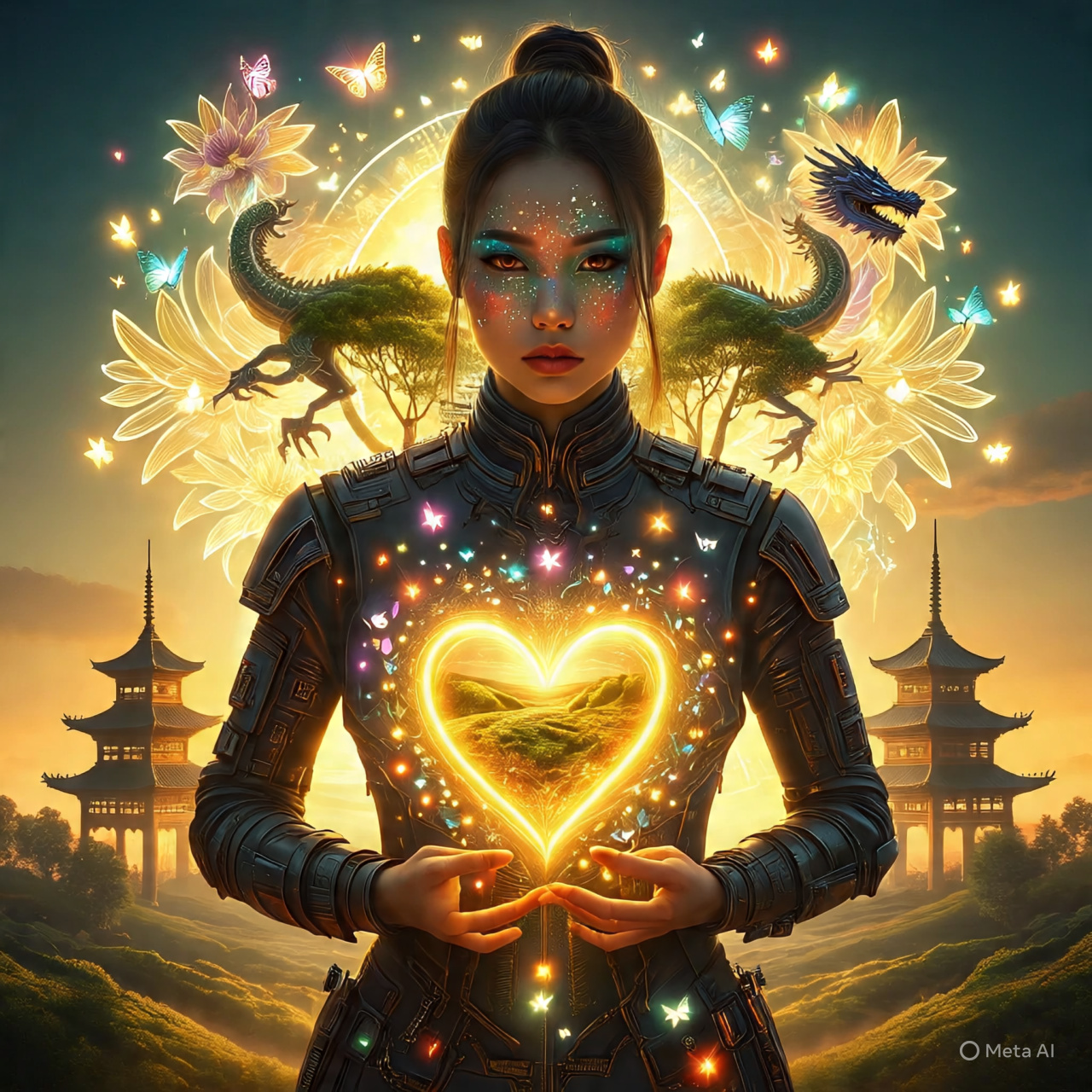 UNA GEISHA CORAZON DORADO CON UN PAISAJE DE DOS PAGODAS CHINAS Y UN DRAGON DETRAS DE ELLA